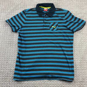 PUMA Polo Shirt Men Large L Blue Black Gray Yellow Striped Embroidered - HOLES